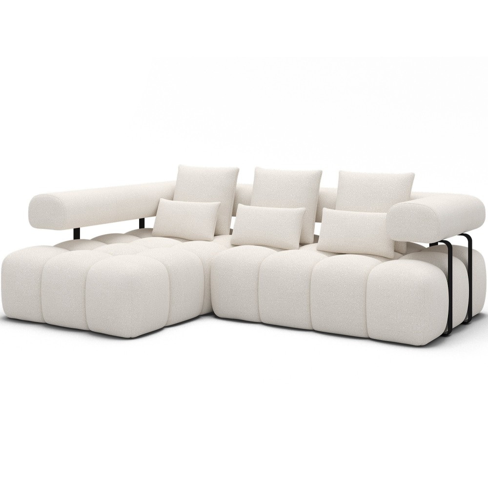 Canapé d'angle convertible en tissu bouclette blanc cassé luxe 5 places LEONI, angle gauche (vu de face)