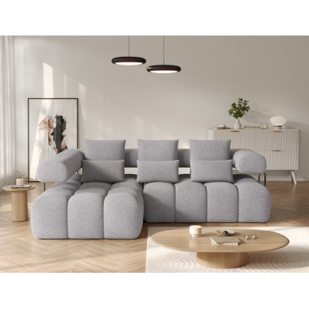 Canapé d'angle convertible en tissu très doux luxe gris 5 places LEONI, angle gauche (vu de face)