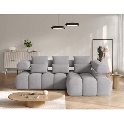 Canapé d'angle convertible en tissu très doux luxe gris 5 places LEONI, angle droit (vu de face)