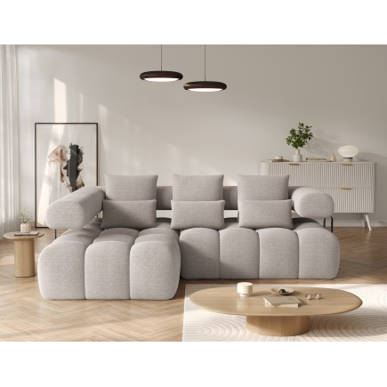 Canapé d'angle convertible en tissu bouclette beige luxe 5 places LEONI, angle gauche (vu de face)