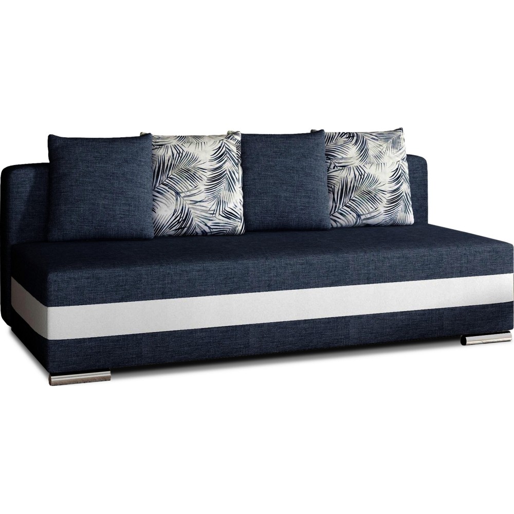 Canapé 3 places convertible tissu bleu foncé et simili blanc, coffre, CALIN