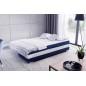 Canapé 3 places convertible tissu bleu foncé et simili blanc, coffre, CALIN