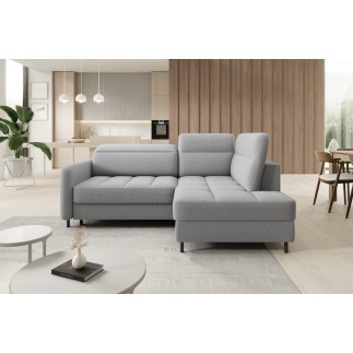 Canapé d'angle convertible en tissu bouclette gris luxe 3 places BARTOLI, angle droit (vu de face)