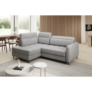 Canapé d'angle convertible en velours gris luxe 3 places BARTOLI, angle gauche (vu de face)