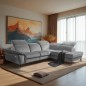 Canapé d'angle avec relax électrique tissu bouclette sensation velours, 5/6 places SINATRA, gris, angle droit
