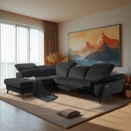 Canapé d'angle avec relax électrique tissu bouclette sensation velours, 5/6 places SINATRA, noir anthracite, angle gauche