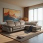 Canapé d'angle avec relax électrique tissu bouclette sensation velours, 5/6 places SINATRA, beige foncé, angle droit