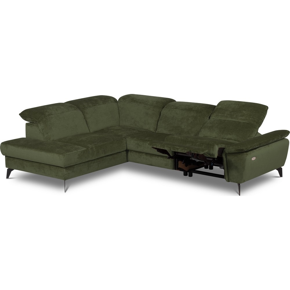 Canapé d'angle avec relax électrique tissu bouclette sensation velours, 5/6 places SINATRA, vert olive, angle gauche Canapé d'angle avec relax électrique tissu bouclette sensation velours, 5/6 places SINATRA, vert olive, angle gauche