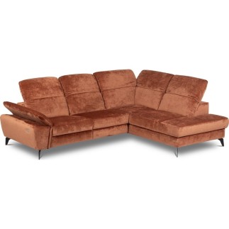 Canapé d'angle avec relax électrique tissu bouclette sensation velours, 5/6 places SINATRA, couleur terra, angle droit