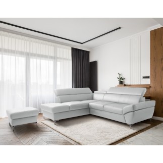 Canapé d'angle convertible en cuir italien luxe 5 places, MEMEZO, coffre, gris clair, angle gauche