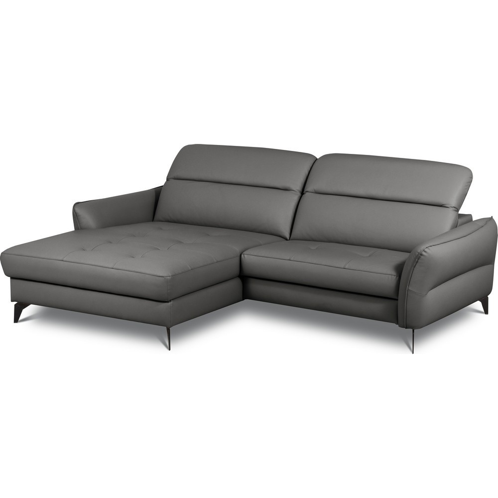 Canapé d'angle convertible en cuir italien luxe 5 places, MANZONI, coffre, gris foncé, angle gauche