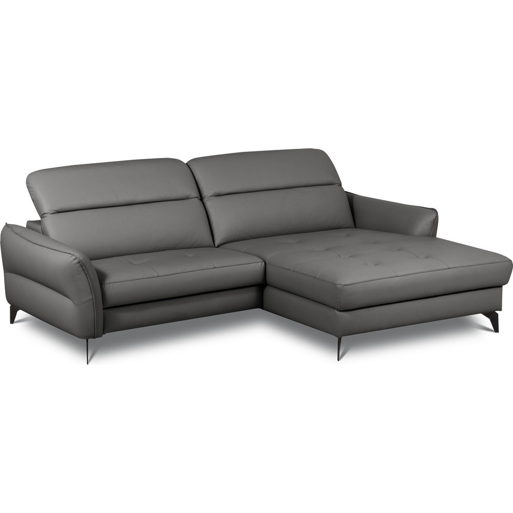 Canapé d'angle convertible en cuir italien luxe 5 places, MANZONI, coffre, gris foncé, angle droit