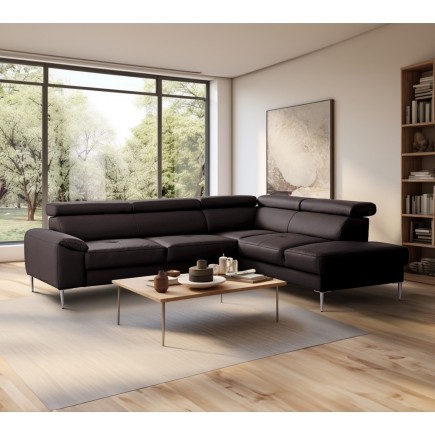 Canapé d'angle convertible en cuir italien luxe 5 places, Hombourg, coffre, chocolat, angle droit