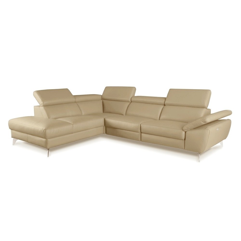 Canapé d'angle relax 100% tout cuir épais luxe italien 1 relax électrique 5/6 places KASTER beige angle gauche Canapé d'angle relax 100% tout cuir épais luxe italien 1 relax électrique 5/6 places KASTER beige angle gauche
